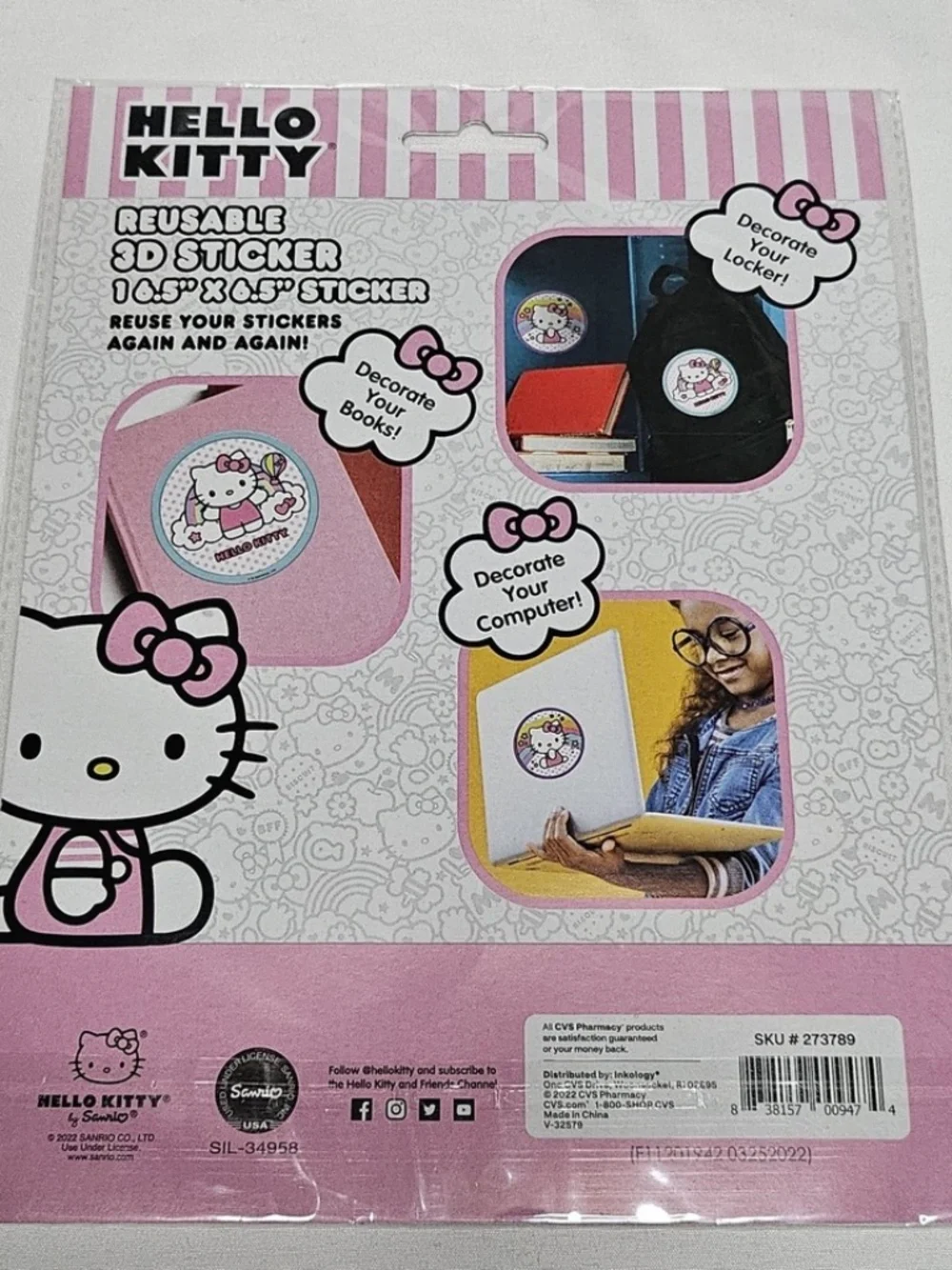 New Set of 2 Sanrio Hello Kitty Reusable 3D Puffy Stickers Rainbow Kawaii 6.5